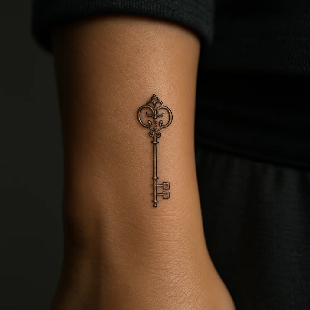 Fine-line skeleton key tattoo pointing downward on the side of the wrist