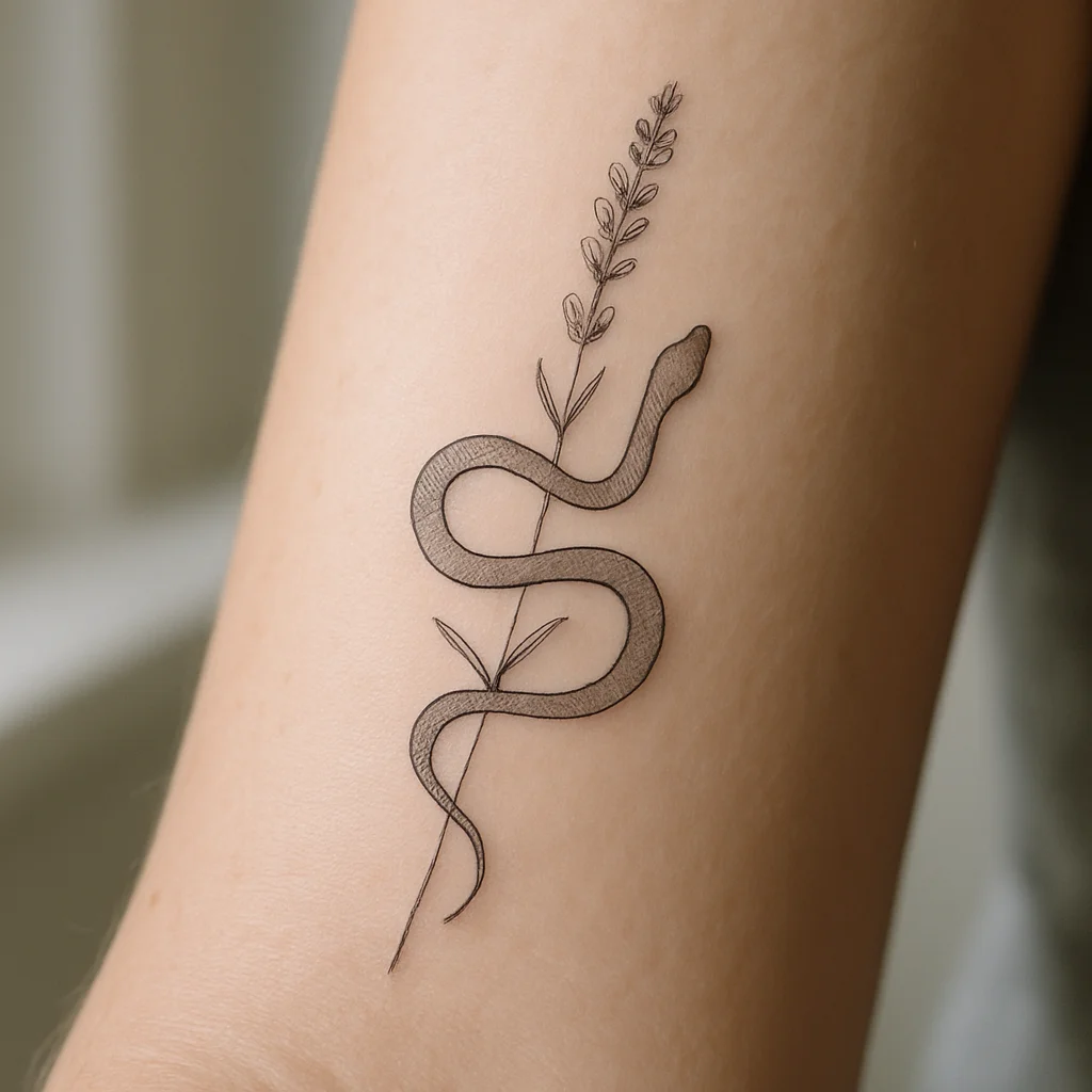 Fine-line snake coiled around lavender sprig tattoo running down inner forearm