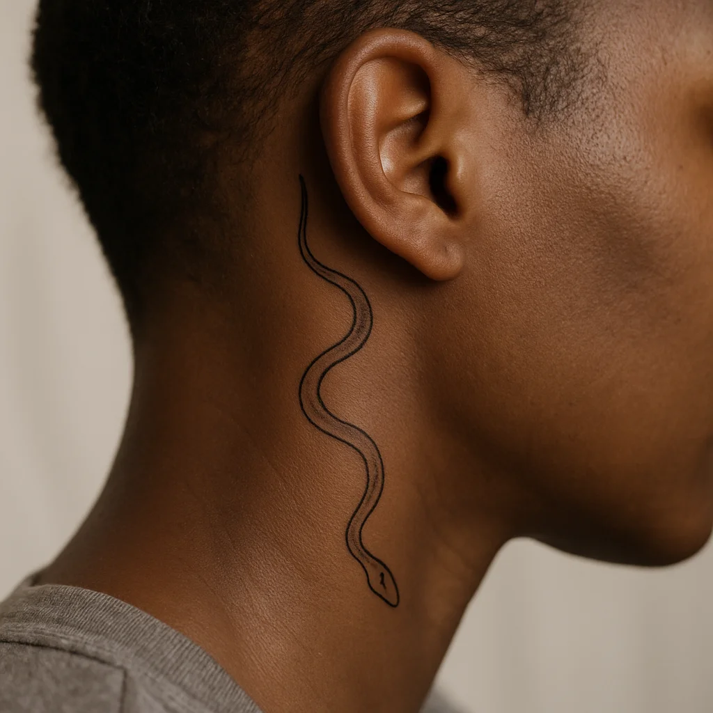 Fine-line snake tattoo curling from under the ear down the side of the neck