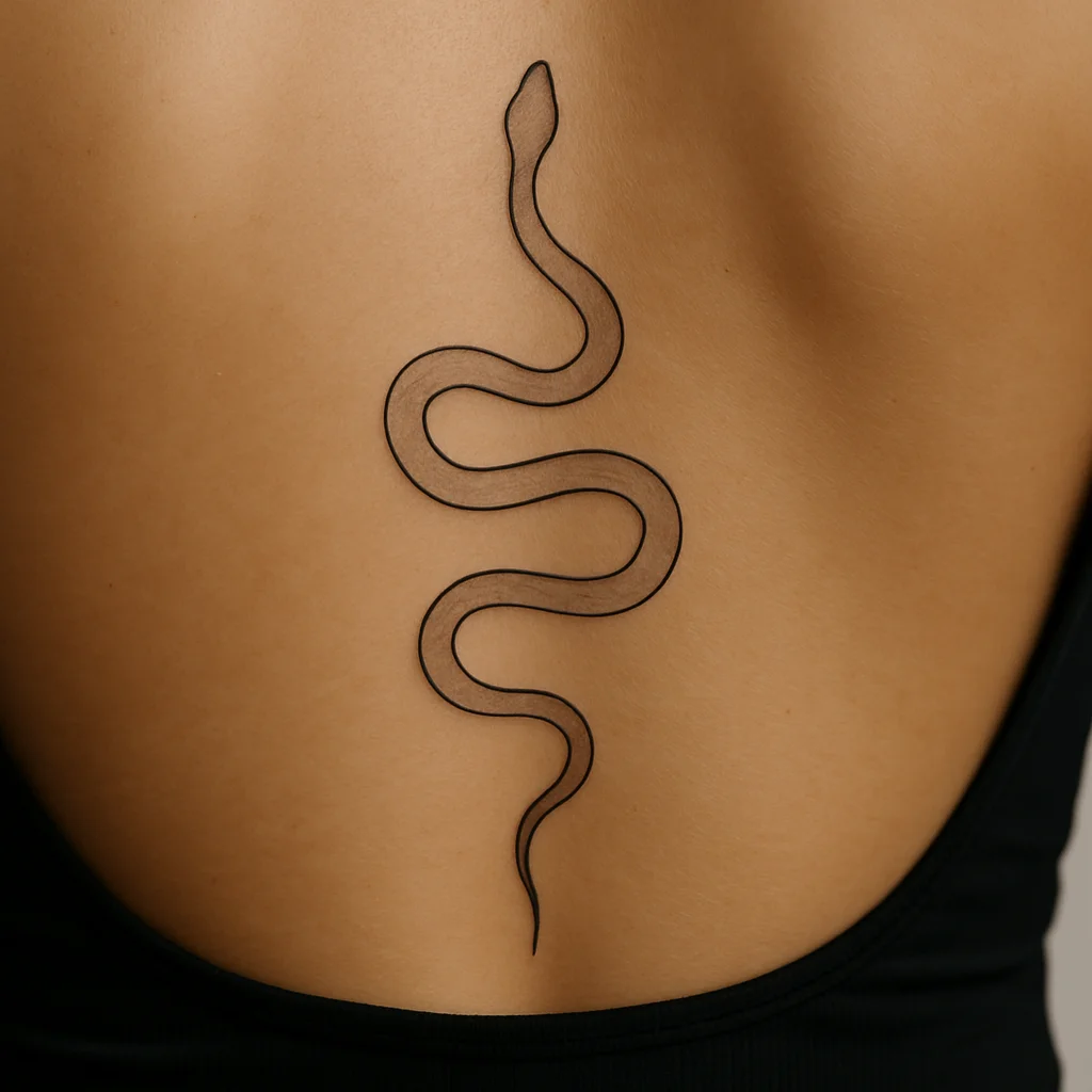 Fine-line snake tattoo winding down the centre of a woman's back