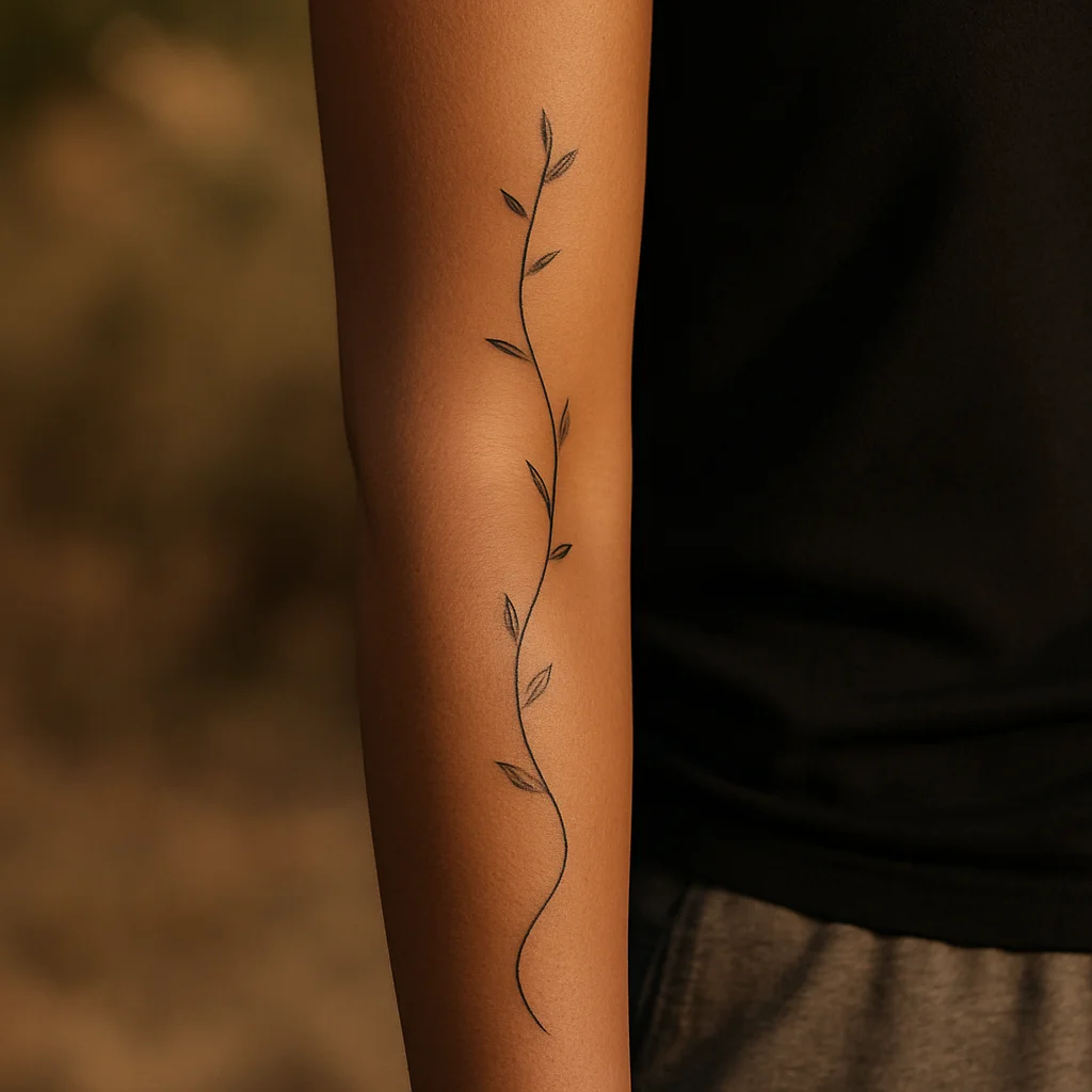 Fine-line spiralling stem tattoo wrapping the forearm from wrist toward the elbow