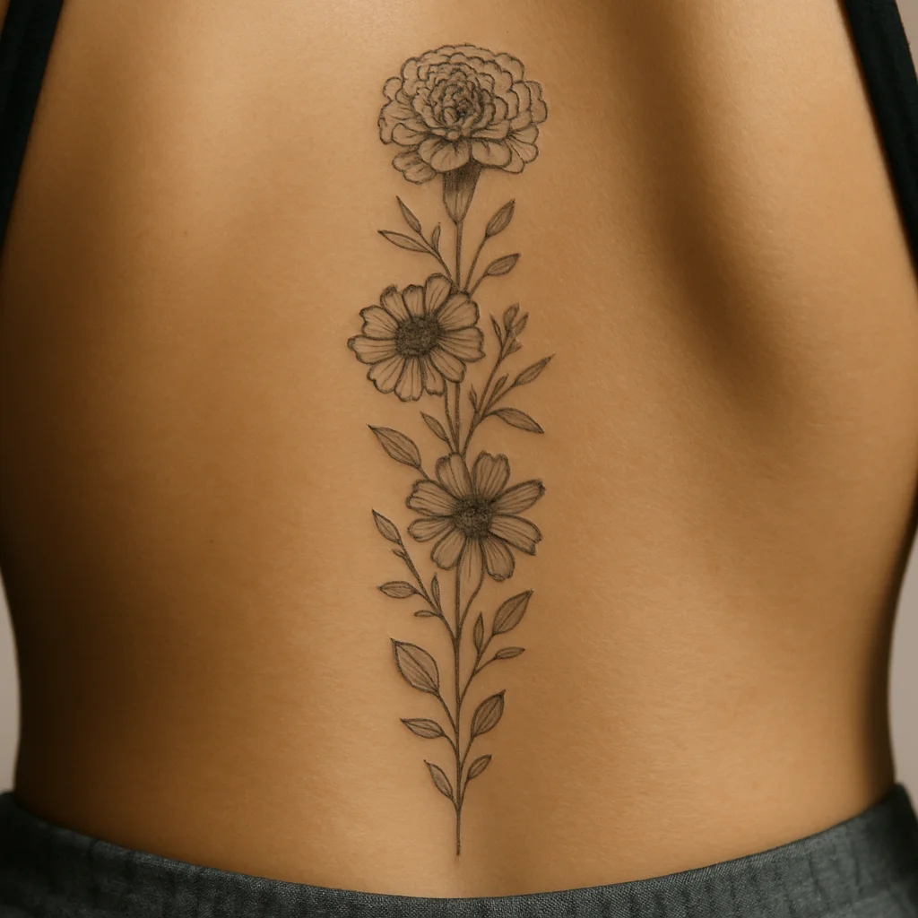 Fine-line stack of sibling birth flowers led by a marigold running down the spine