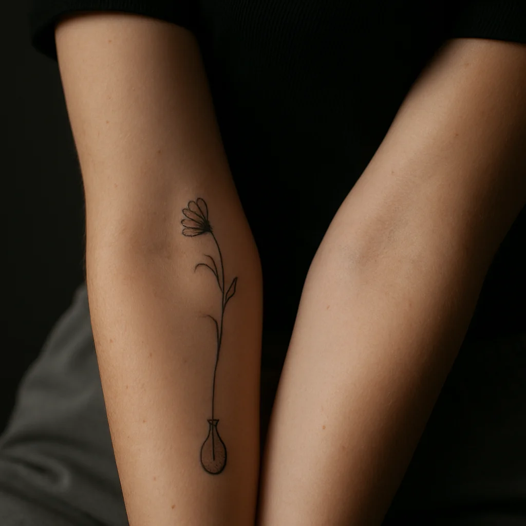 Fine-line stem and small vase split across two inner forearms as a matching pair