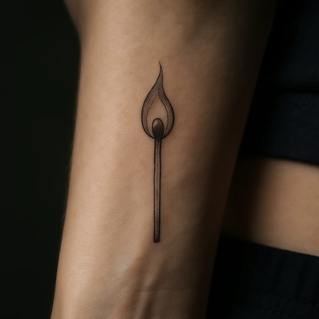 Fine-line struck match with a teardrop flame tattooed on the side of the wrist