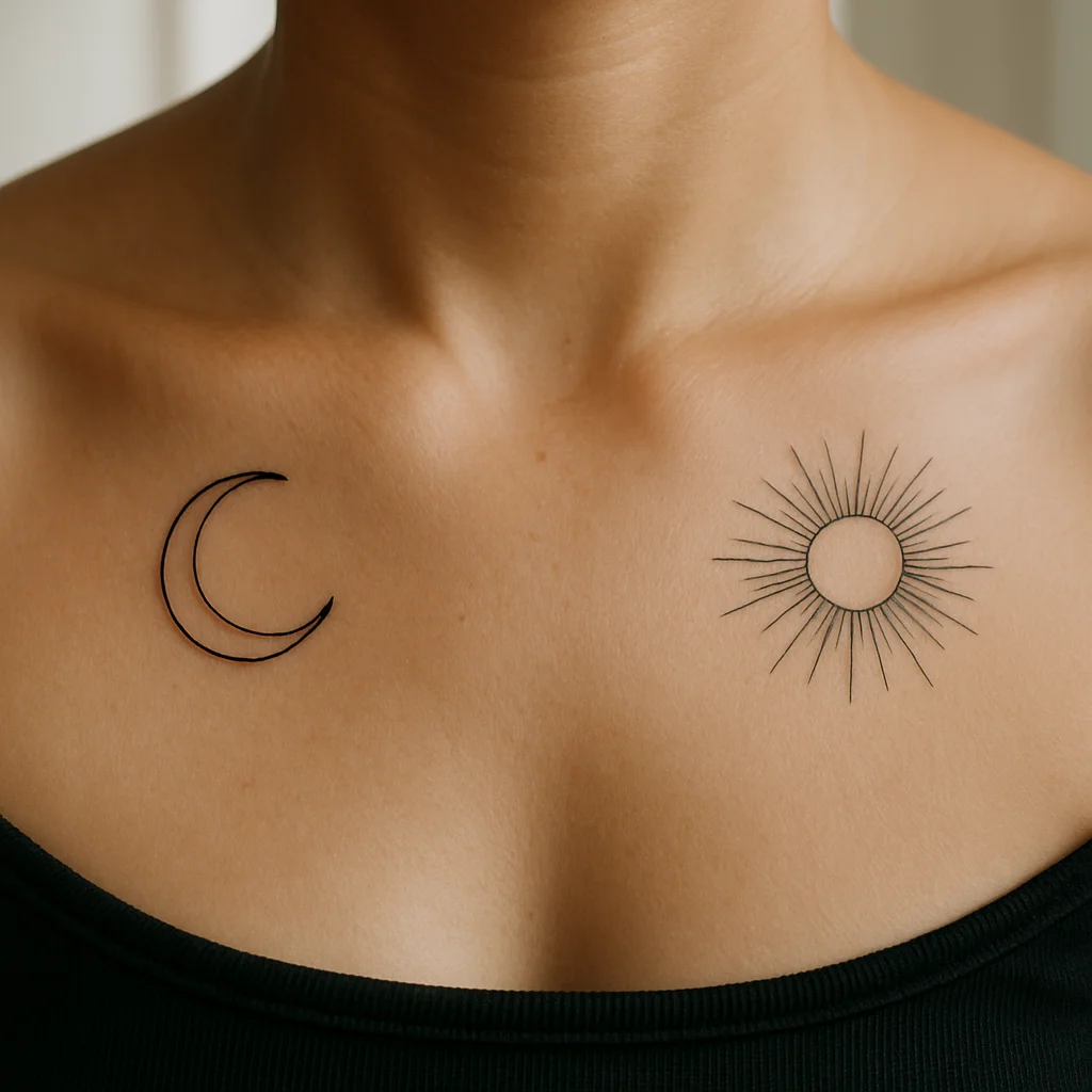 Fine-line sun and crescent moon mirrored on opposite collarbones