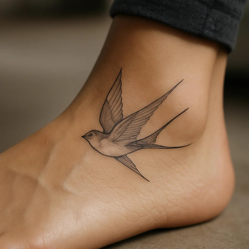 Fine-line swallow tattoo healing with dry edges on the top of the foot