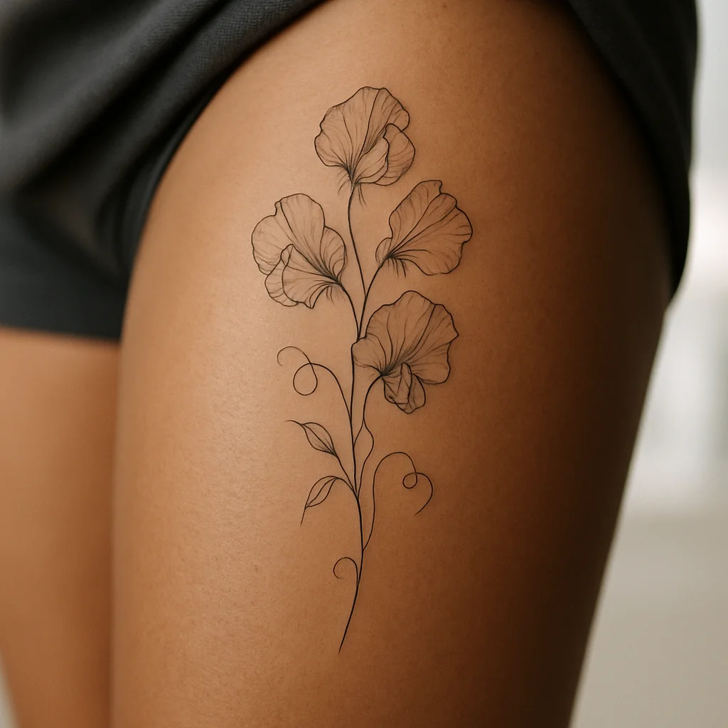 Fine-line sweet pea vine tattoo trailing down the inner thigh