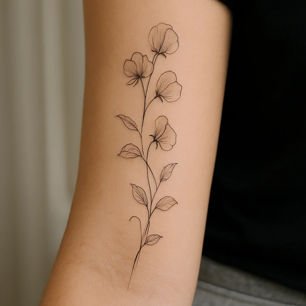 Fine-line sweet pea vine with negative-space gaps trailing down the inner forearm