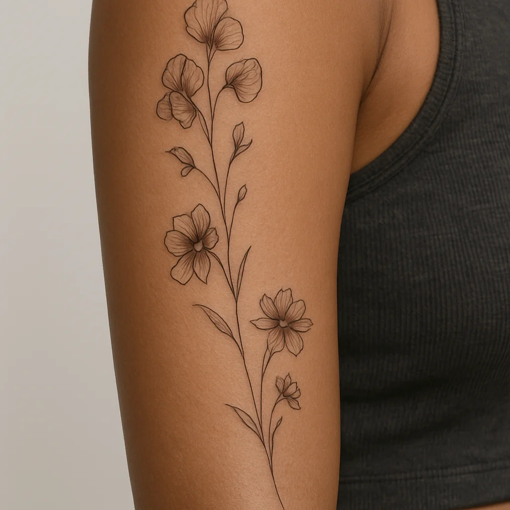 Fine-line sweet peas and cosmos with a deliberate bare skin gap running down the upper arm