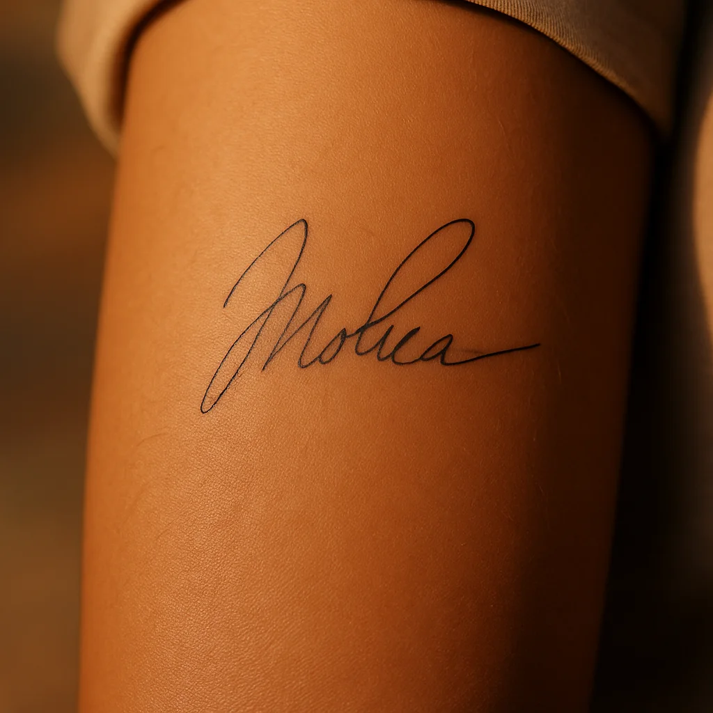 Fine-line tattoo of a mother's handwritten signature at original size on the inner forearm