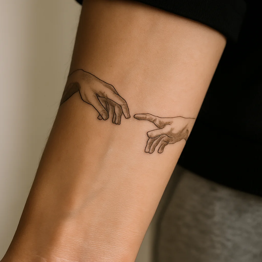 Fine-line tattoo of two hands lightly touching, painting-inspired, on a woman's inner wrist
