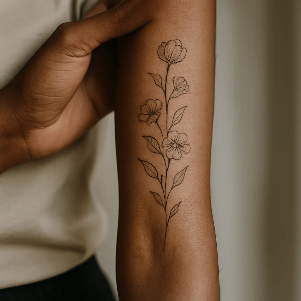 Fine-line tattoo stencil positioned along the inner forearm and checked with the arm raised