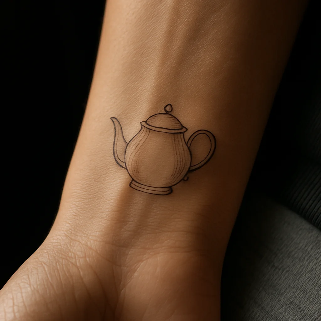Fine-line teapot tattooed small on the inner wrist as half of a matching pair