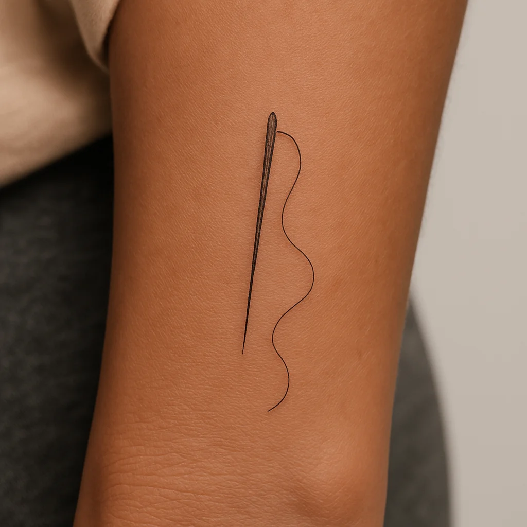 Fine-line threaded needle with trailing thread tattooed on the inner wrist