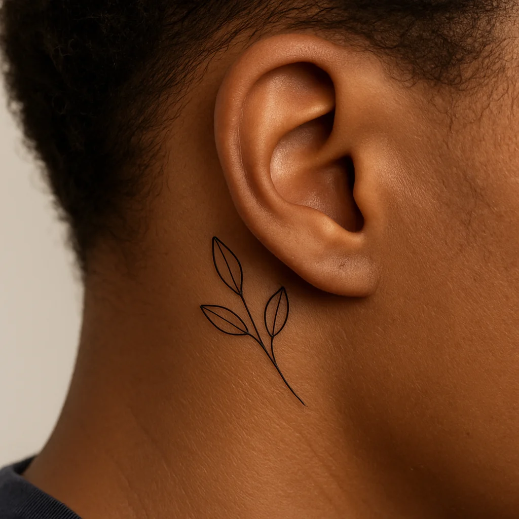 Fine-line three-leaf sprig with outlined leaves tattooed behind the ear