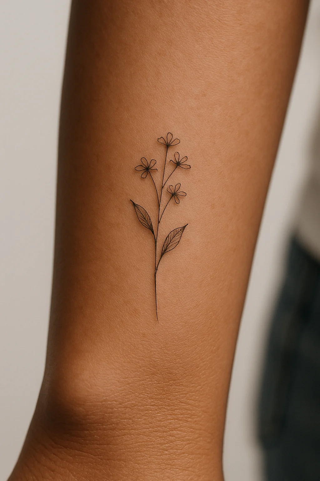 Fine-line tiny wildflower sprig tattoo on the outer forearm, a low-pain first tattoo placement