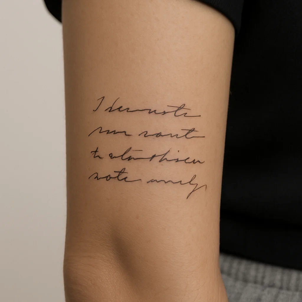 Fine-line traced handwritten note tattoo with uneven baseline on the outer forearm