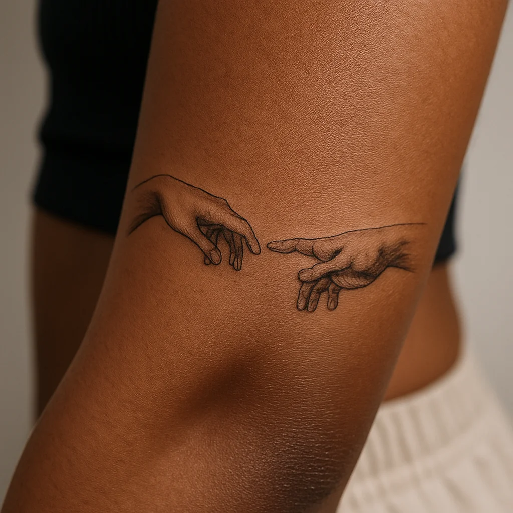 Fine-line two hands almost touching tattoo placed mid inner forearm