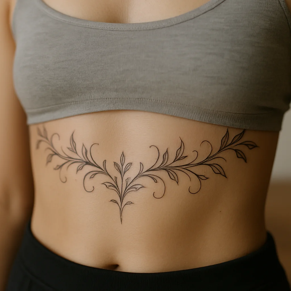Fine-line under-bust botanical filigree arc curving along the chest and ribs