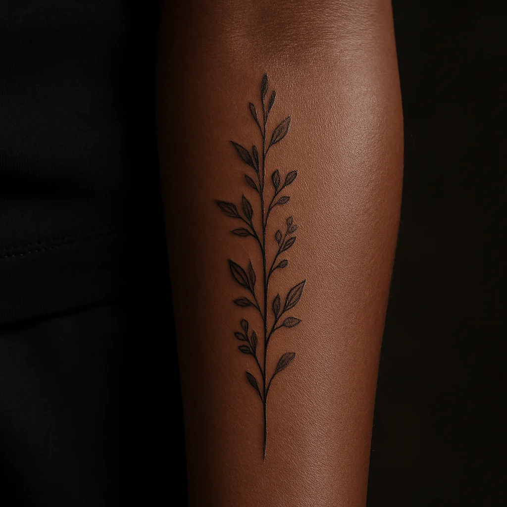 Fine-line vertical botanical column sized along the full length of the inner forearm