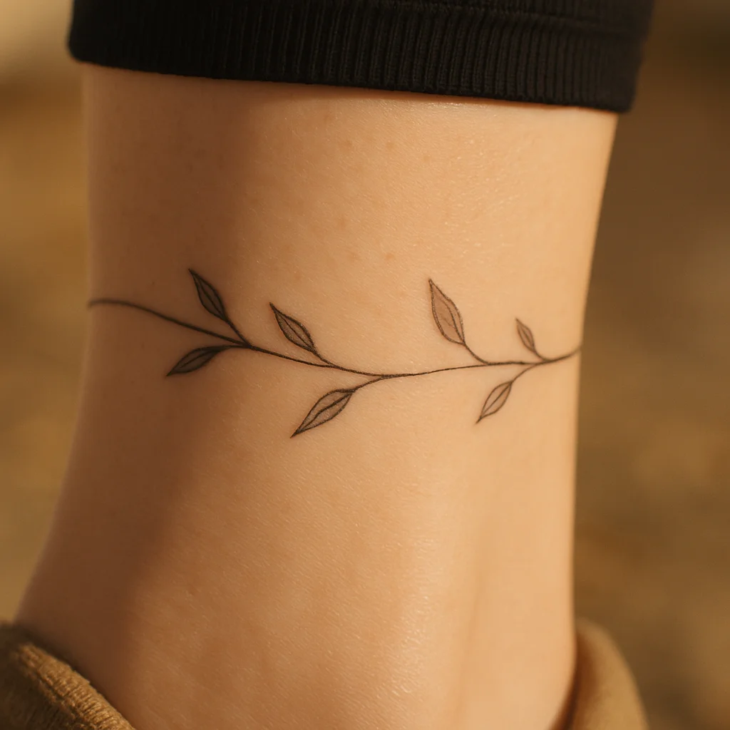 Fine-line vine band with five leaves wrapping above the ankle