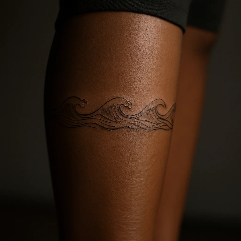 Fine-line wave band tattoo wrapping the lower leg above the ankle