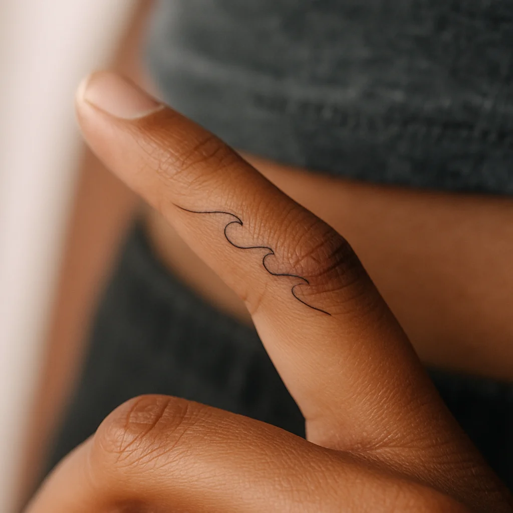 Fine-line wave tattoo tracing the outer edge of a little finger