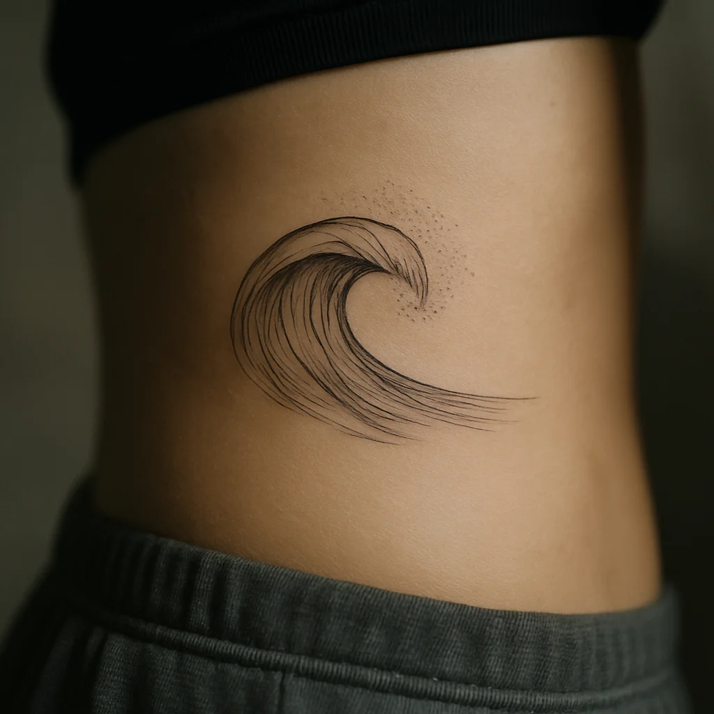 Fine-line wave with a curling lip and dotwork spray tattooed on the side of the ribcage