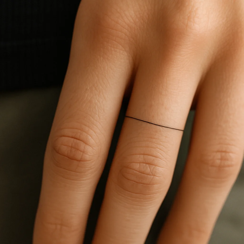 Fine-line wedding band tattoo wrapping the base of a ring finger