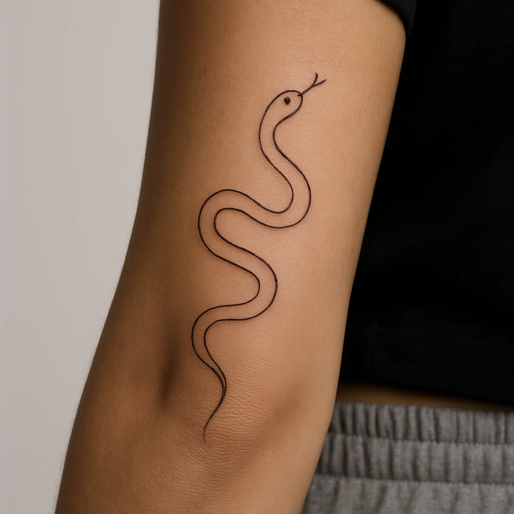 Fine-line wiggly snake drawn as one curved line tattooed on the outer forearm