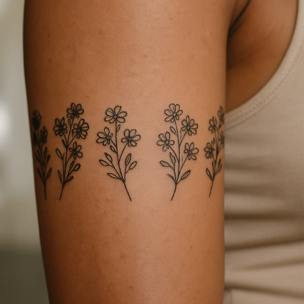 Fine-line wildflower armband tattoo with bare skin gaps wrapping the upper arm