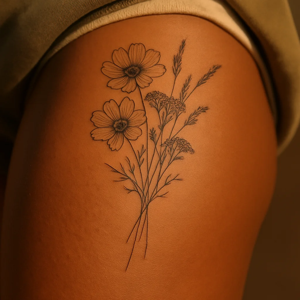 Fine-line wildflower bouquet tattoo with cosmos, yarrow and trailing stems on a woman's thigh