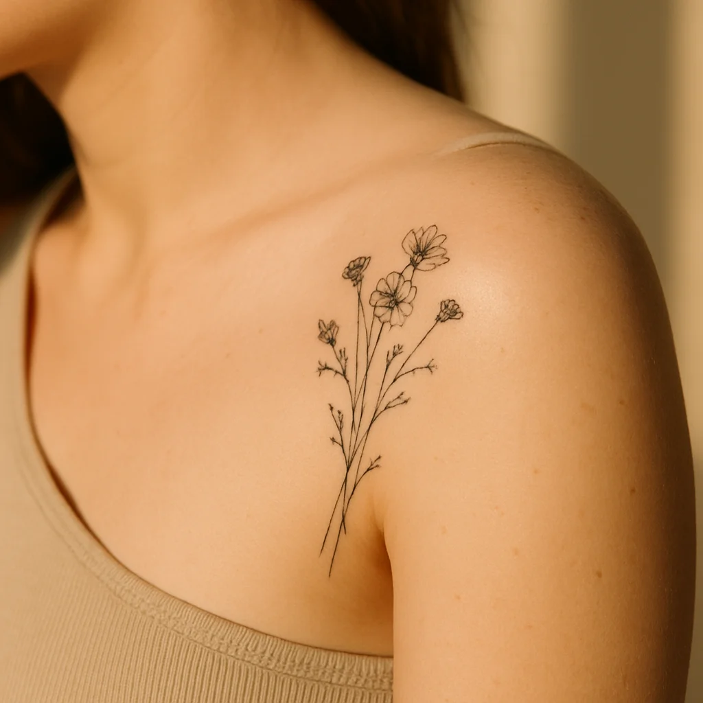 Fine-line wildflower bundle on the front shoulder with stems toward the underarm