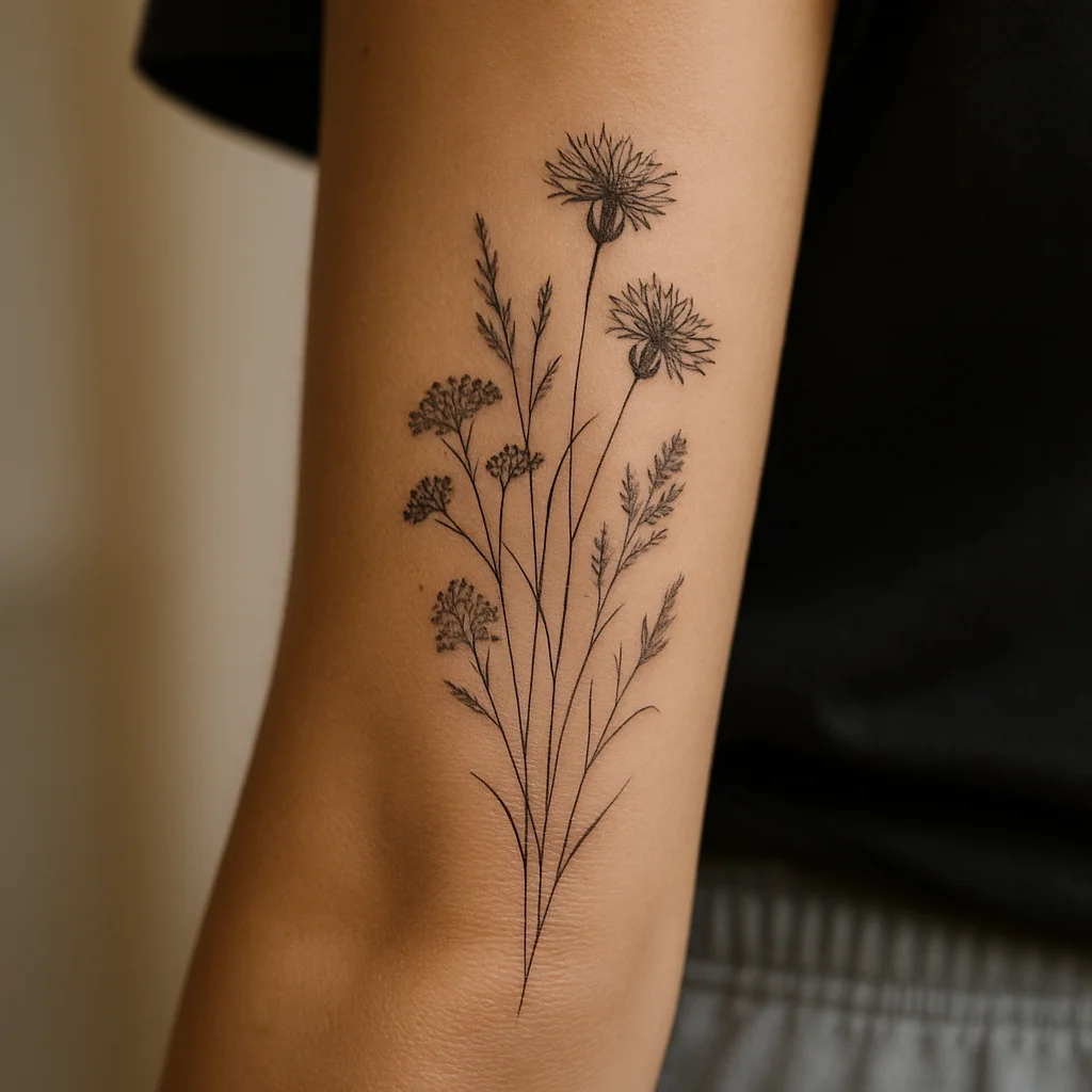 Fine-line wildflower meadow of cornflowers and yarrow climbing the inner forearm from wrist to elbow