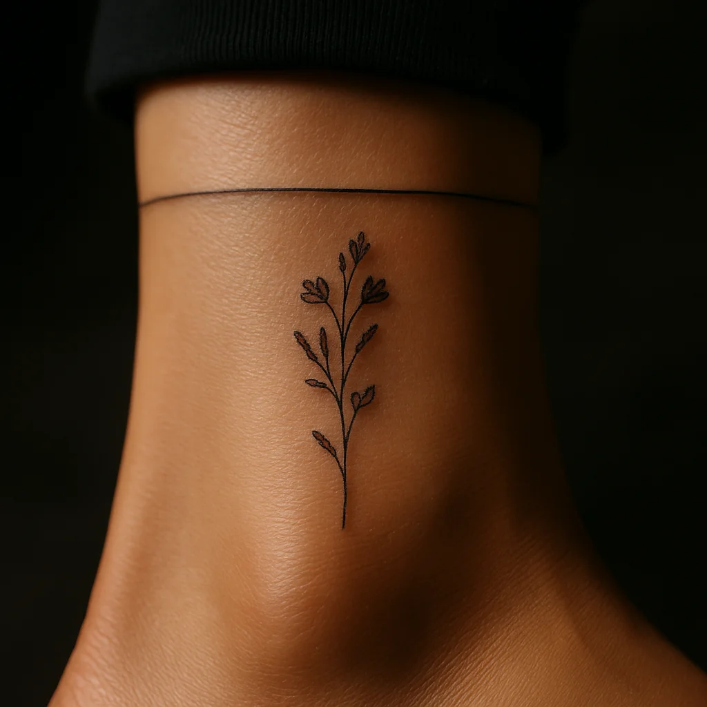 Fine-line wildflower sprig behind the inner ankle bone with a thin band above it