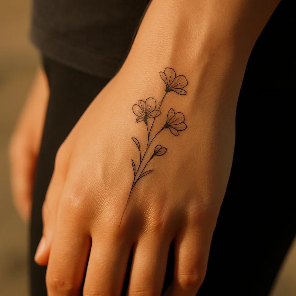 Fine-line wildflower sprig tattoo running along the index tendon on the back of the hand