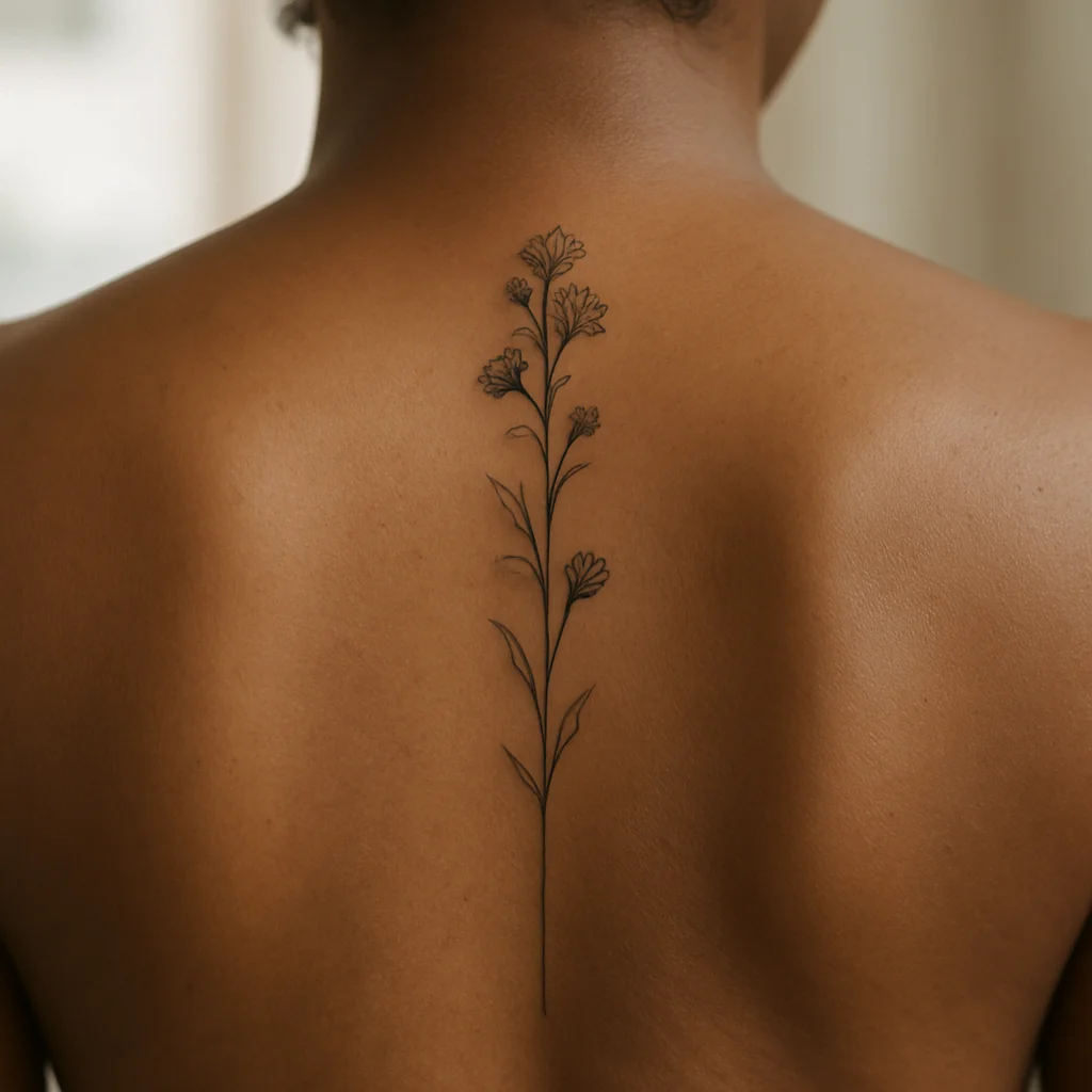 Fine-line wildflower stem tattoo running down the spine from the nape to mid-back