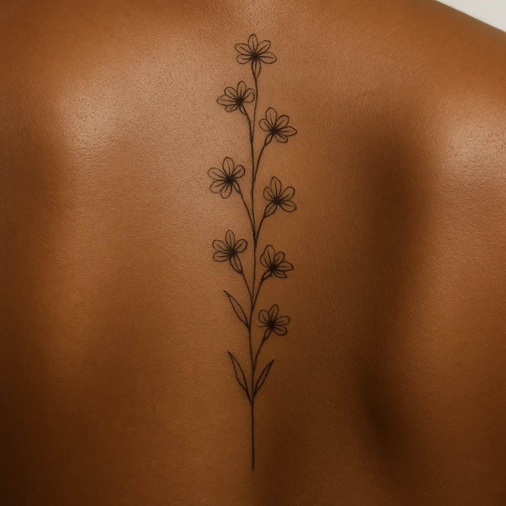 Fine-line wildflower stem tattoo with small blooms running down the spine from nape to mid-back