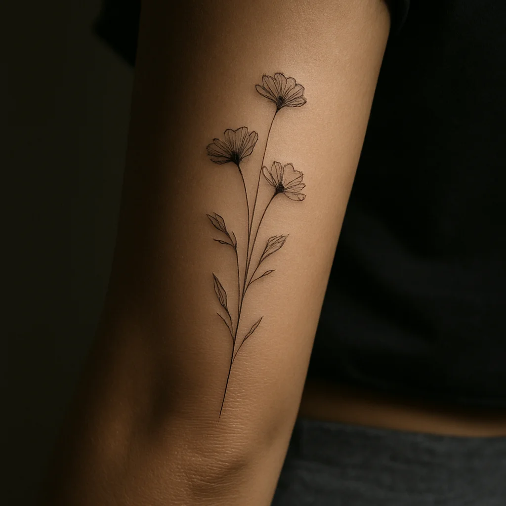 Fine-line wildflower stem with three staggered blooms tattooed vertically on the inner forearm