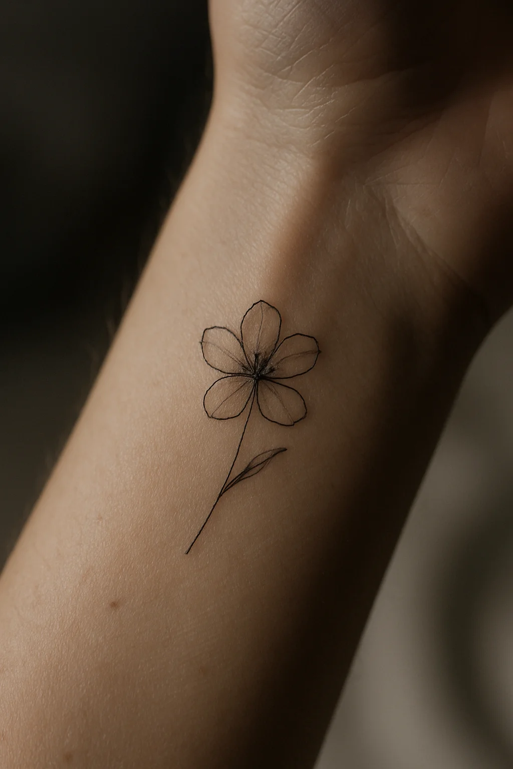 Fine-line wildflower tattoo sized to two centimetres on the inner wrist