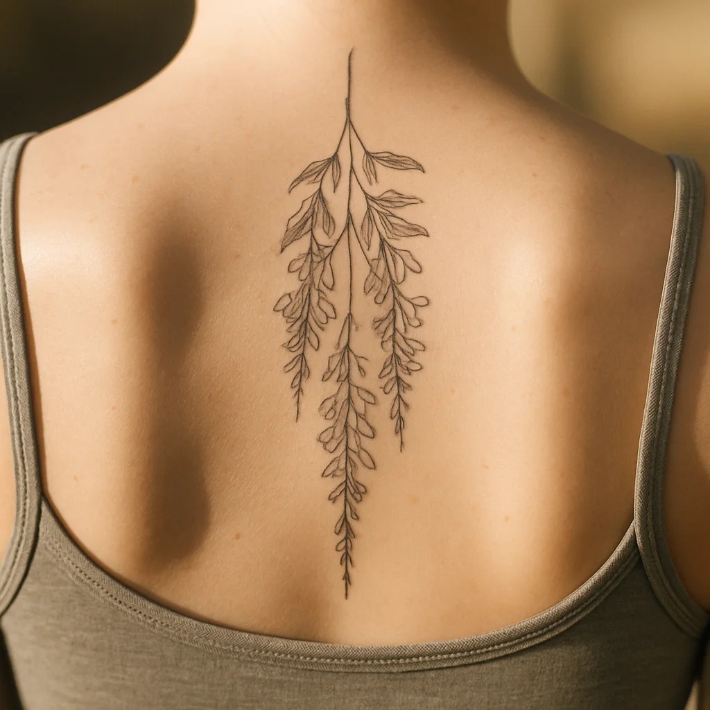 Fine-line wisteria tattoo trailing down the spine from the nape