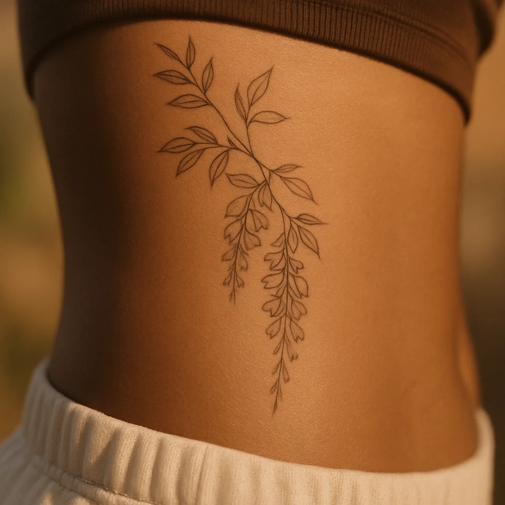 Fine-line wisteria vine cascading down the side of the ribcage