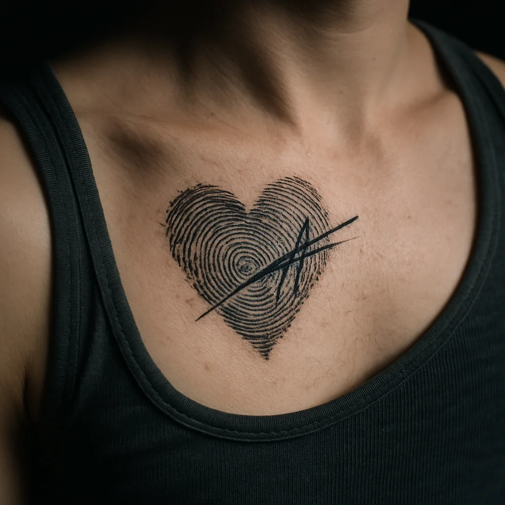Fingerprint heart crossed by a handwritten signature, illustrative memorial tattoo on the chest