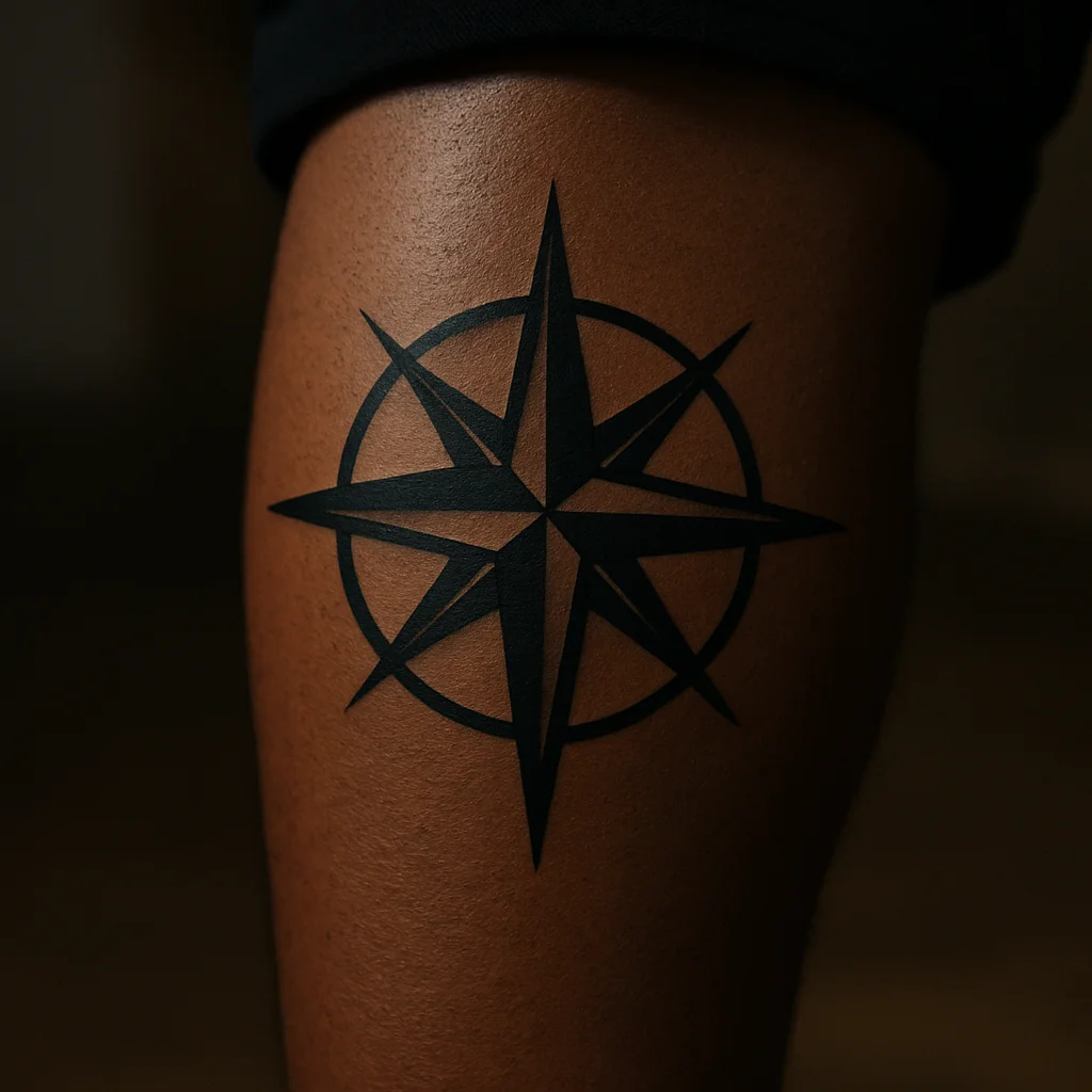 Fist-sized black compass rose tattoo on a calf, used as a session-count example for laser removal budgeting