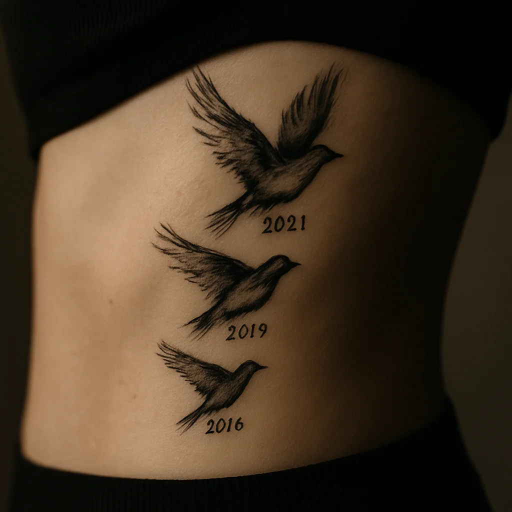 Flock of three birds with birthdates under each wing, illustrative ribcage tattoo