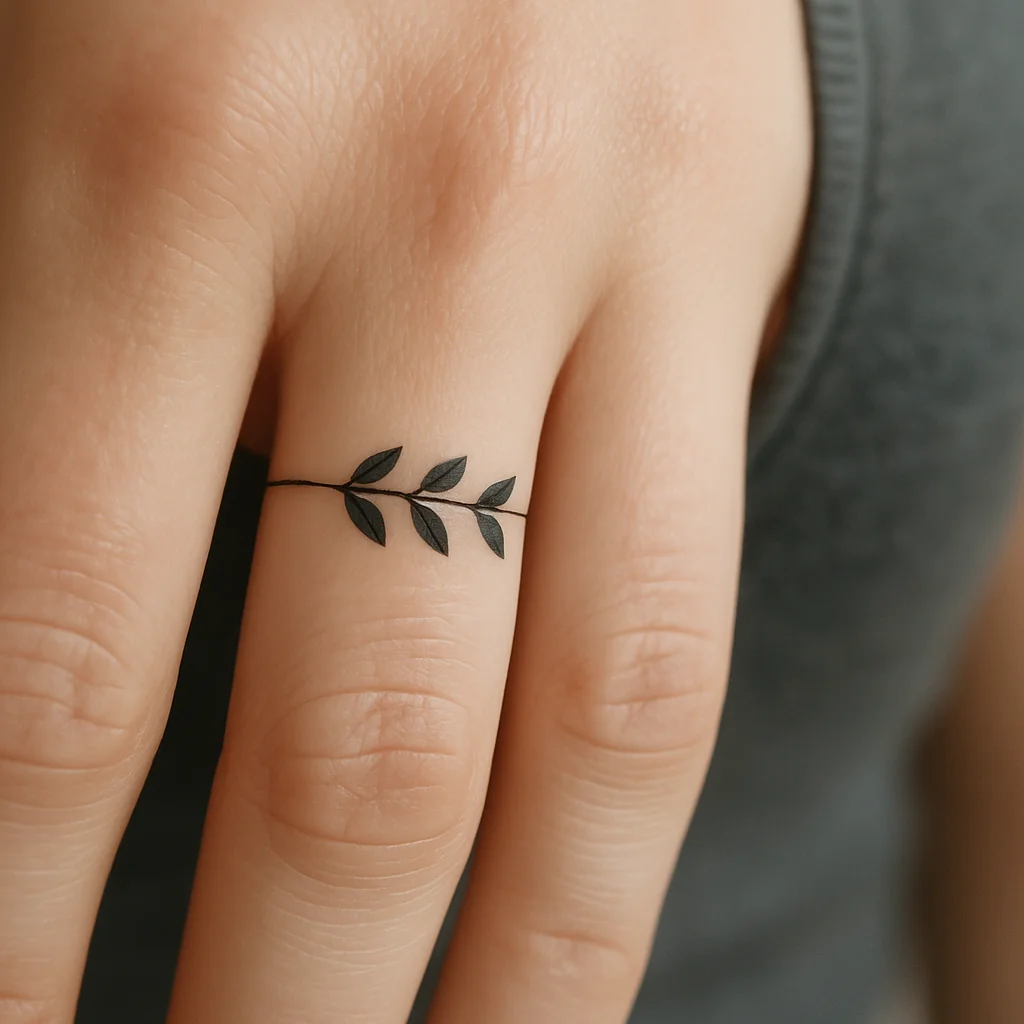 Floral micro-band tattoo of small filled leaves circling a finger