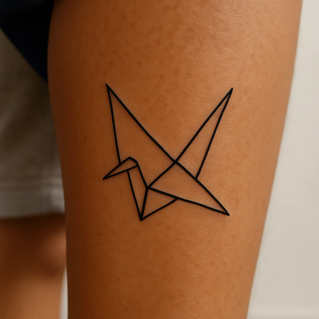Four-fold origami paper crane tattooed in minimalist style on the calf