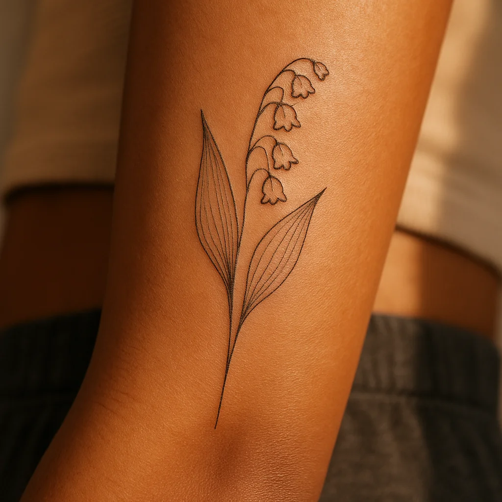 Four-inch fine-line lily of the valley stem with basal leaves placed on the inner forearm