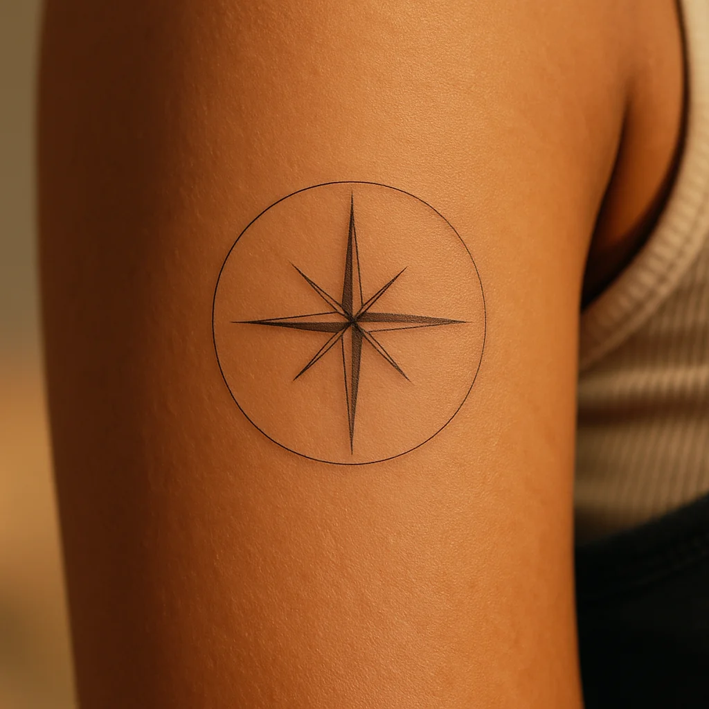 Four-point compass rose in a thin circle tattooed on the outer upper arm