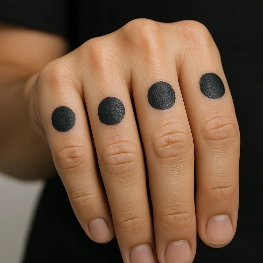 Four small filled dots tattooed one per knuckle on a woman's hand